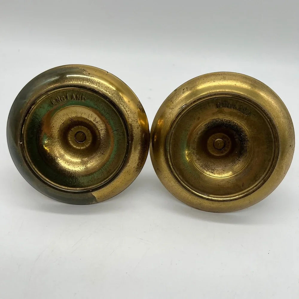 Antique English Brass Chamberstick Candle Holders Pair Stamped England c. 1890